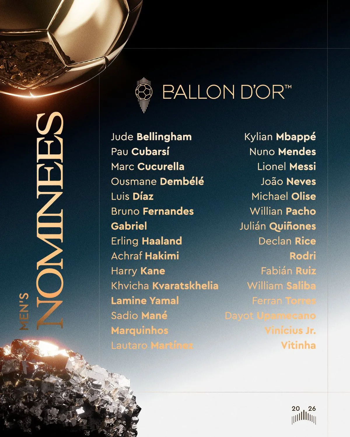 2026 Ballon d'Or için 30 kişilik aday listesi açıklandı, Vinicius ve Lionel Messi de yarışta